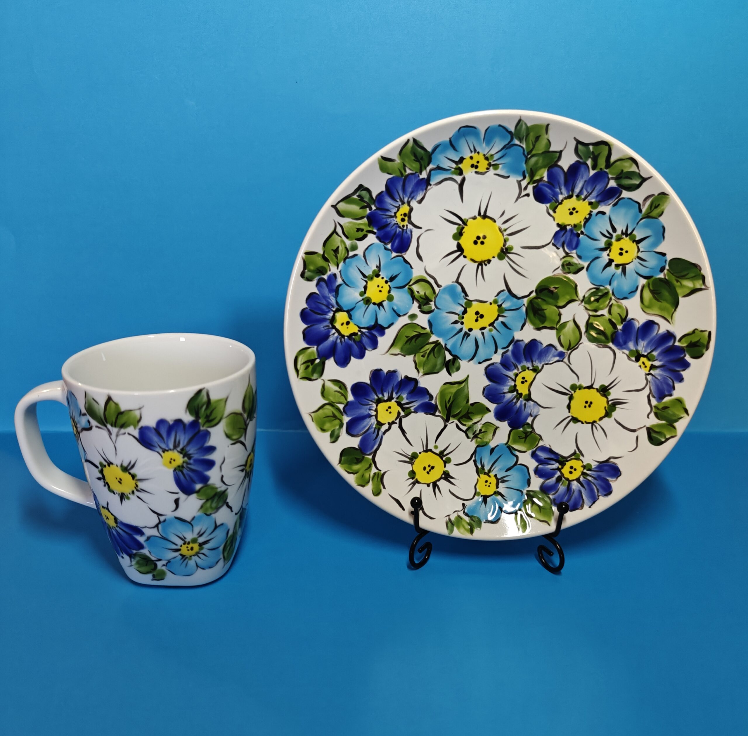 Blue Floral Hand-Painted Ceramic Mug and Plate | Summer Blossom SB1 - Image 4