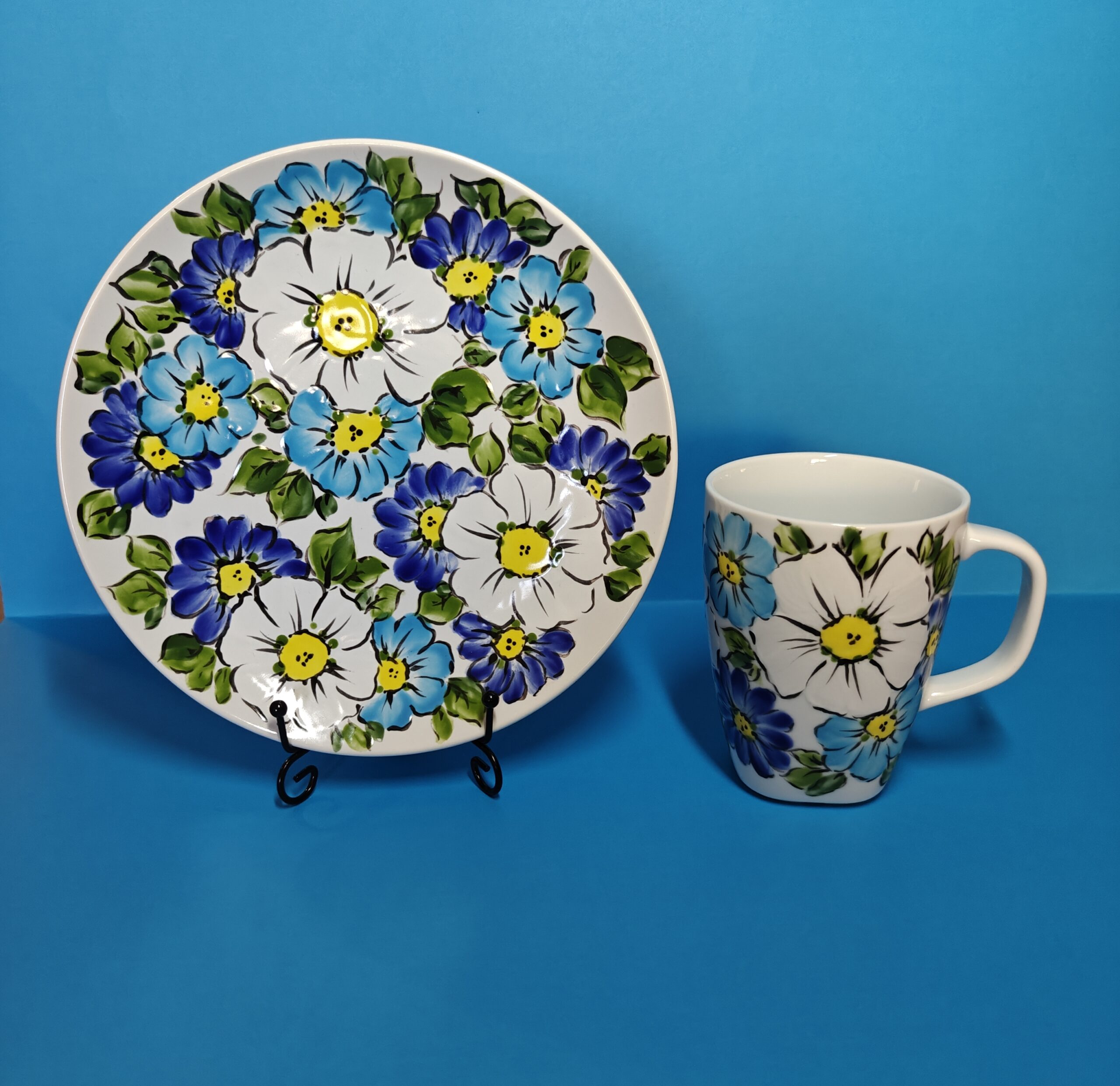 Blue Floral Hand-Painted Ceramic Mug and Plate | Summer Blossom SB1 - Image 3