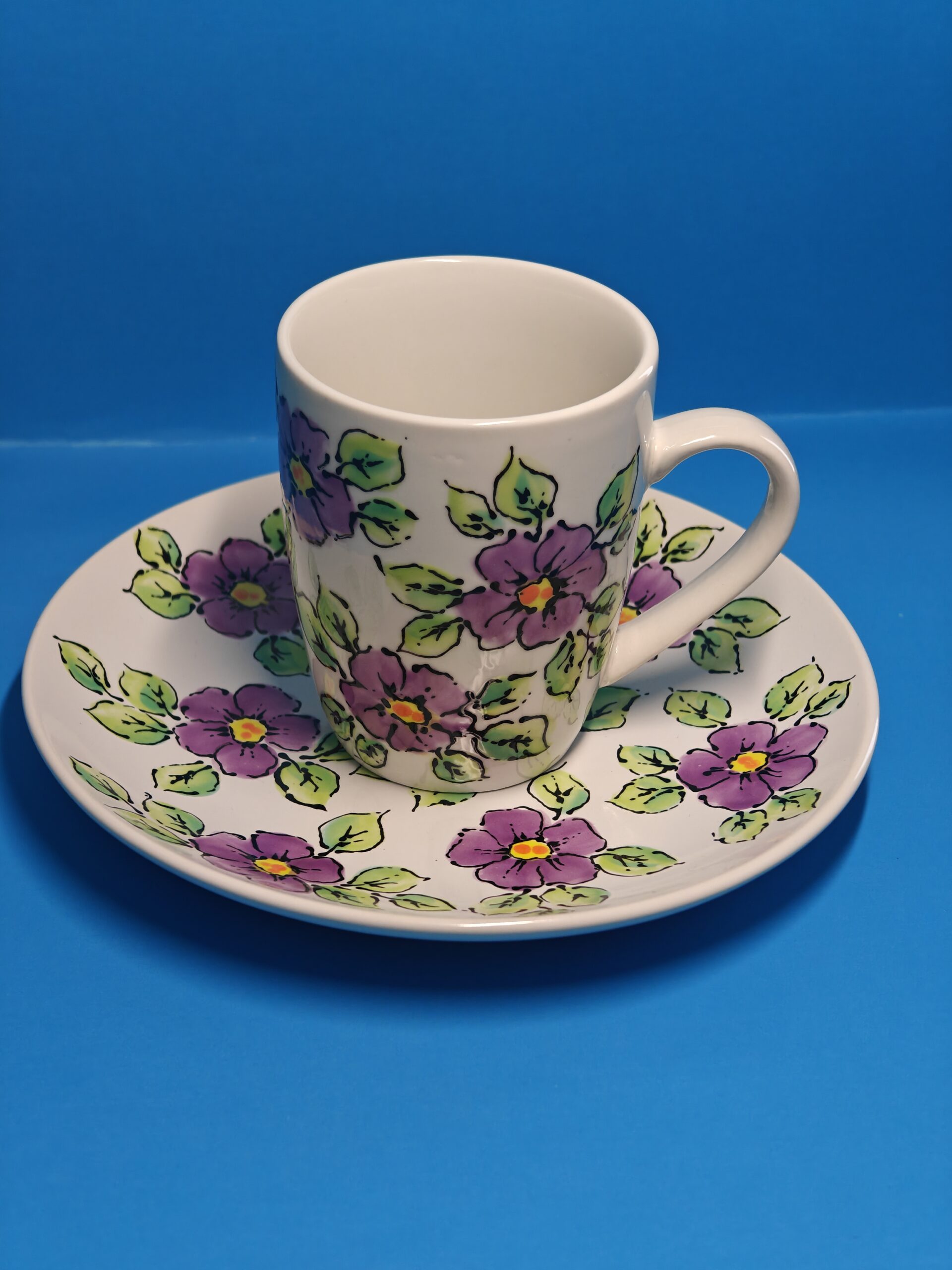 Purple Floral Hand-Painted Ceramic Mug and Plate Set | Unique Handmade Gift | Summer Blossom SB2 - Image 4