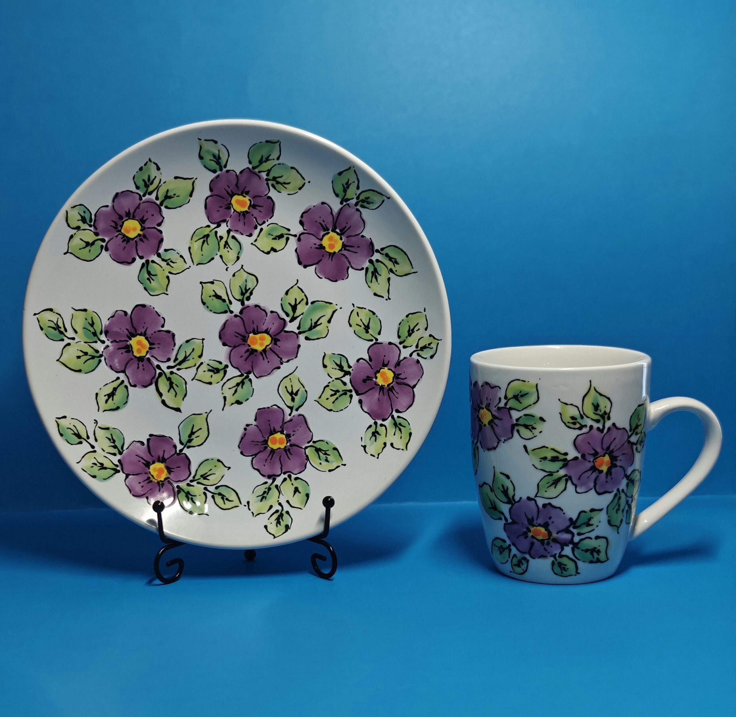 Purple Floral Hand-Painted Ceramic Mug and Plate Set | Unique Handmade Gift | Summer Blossom SB2 - Image 3