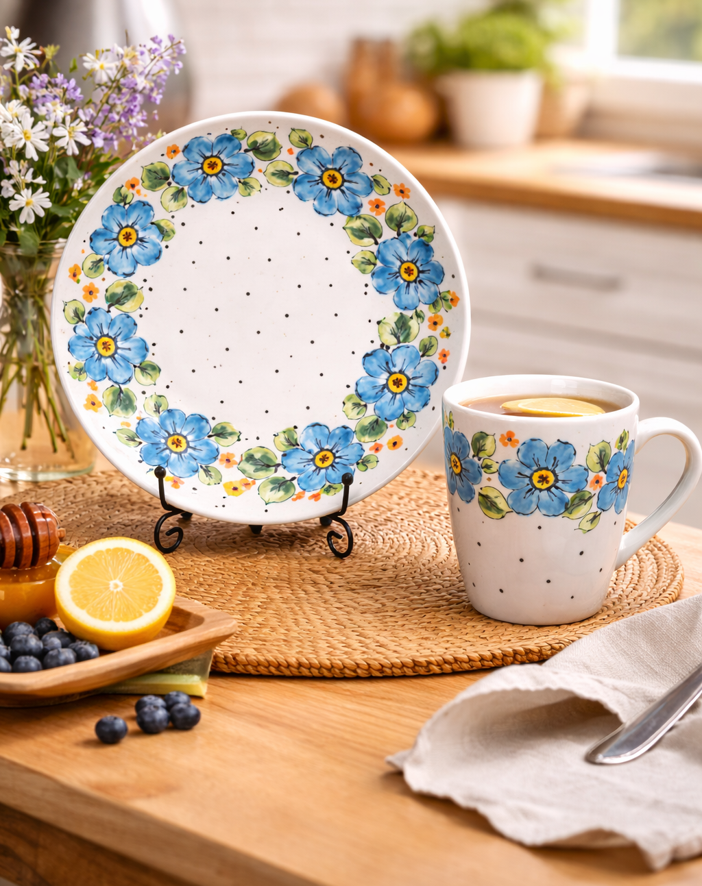 Morning Floral Hand-Painted Ceramic Mug and Plates Set 5pc| Unique Handmade Gift | Summer Blossom SB3 - Image 4