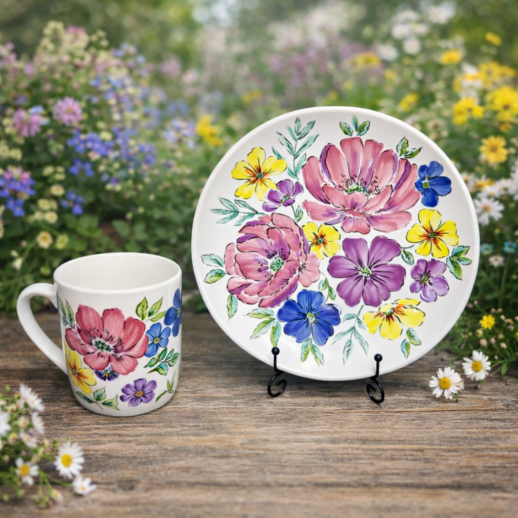 Summer Floral Hand-Painted Ceramic Mug and Plate Set | Unique Handmade Gift | Summer Blossom SB4 - Image 2