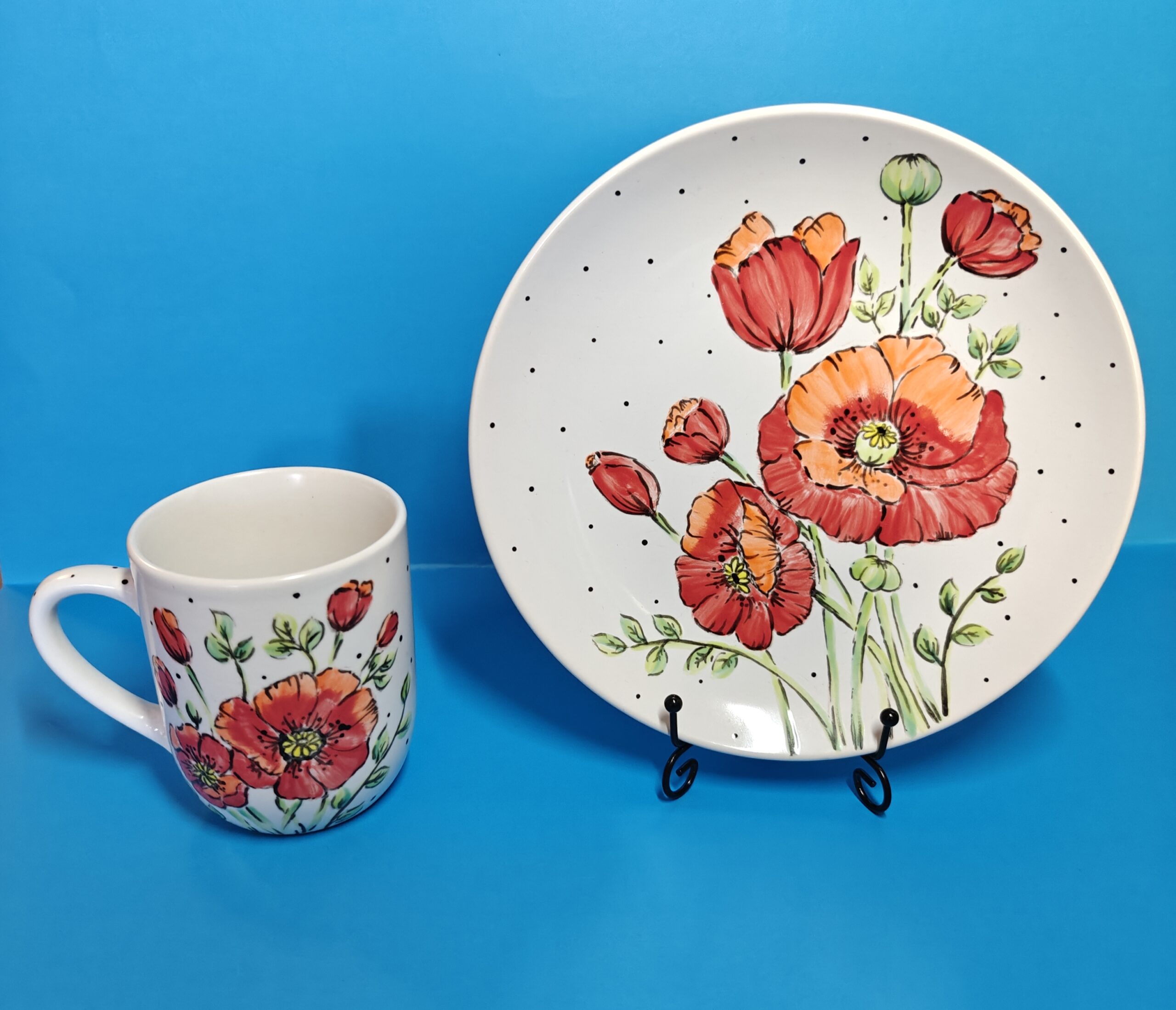 Red Poppy Floral Hand-Painted Ceramic Mug and Plate Set | Unique Handmade Gift | Summer Blossom SB5 - Image 3