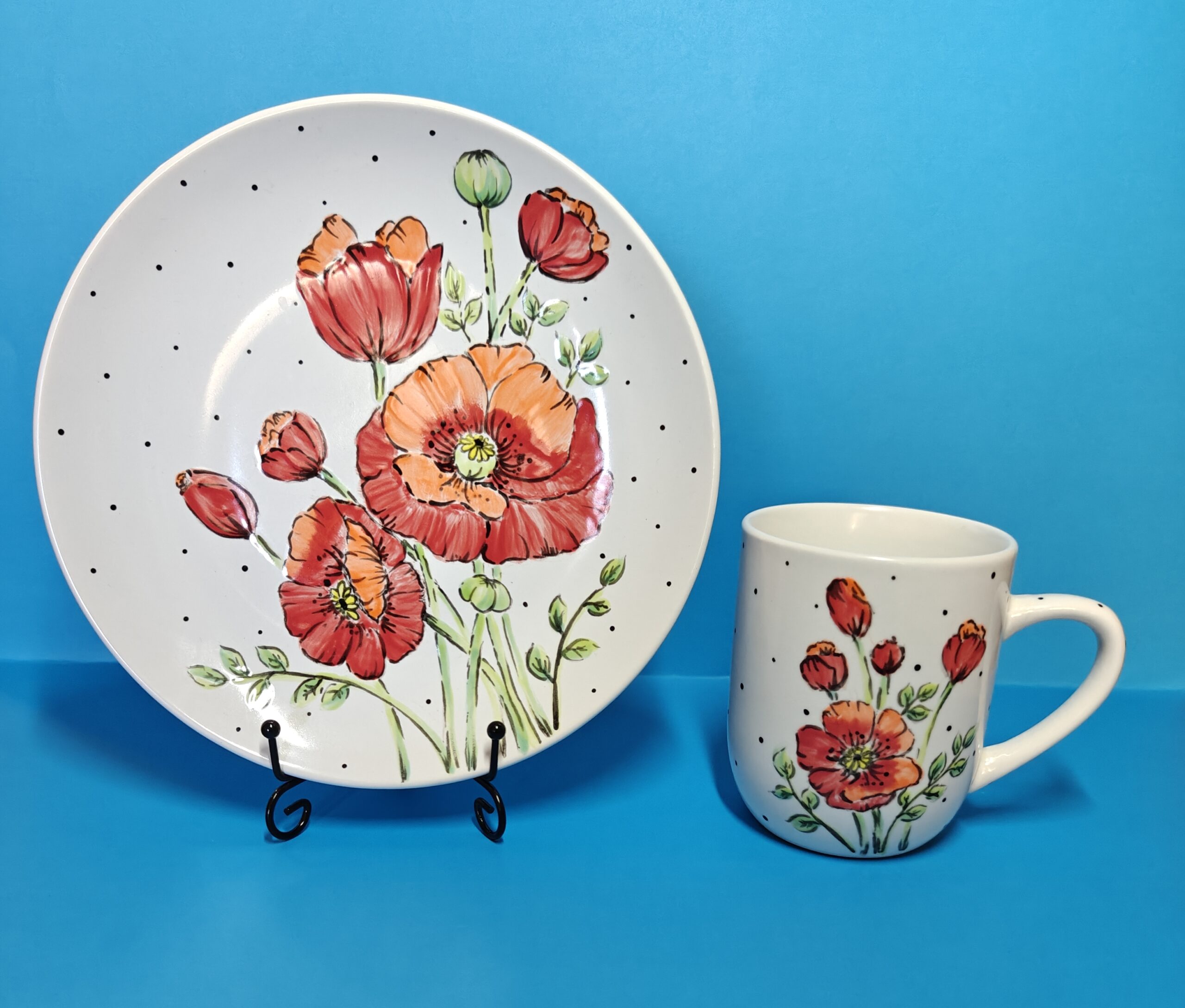 Red Poppy Floral Hand-Painted Ceramic Mug and Plate Set | Unique Handmade Gift | Summer Blossom SB5 - Image 4
