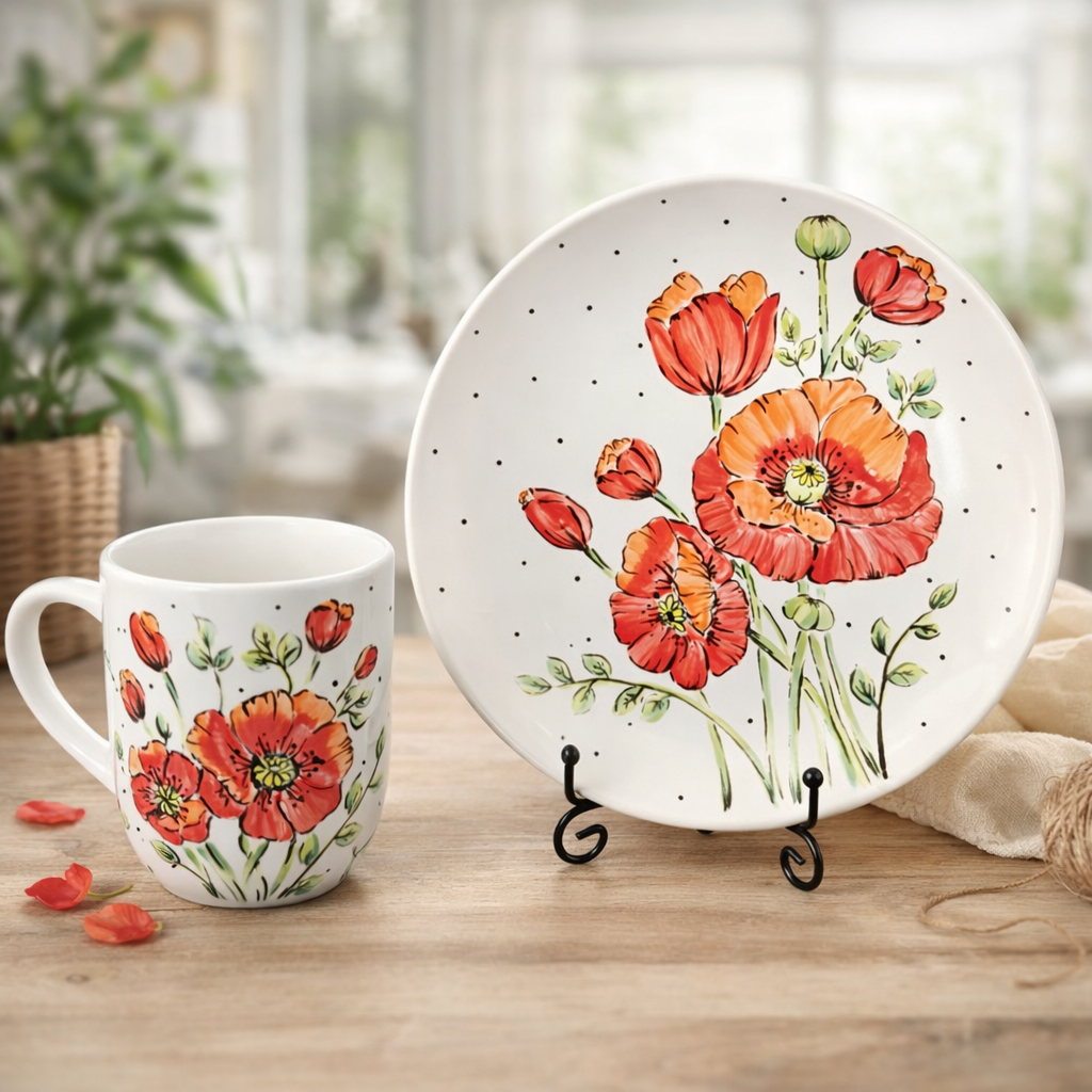 Red Poppy Floral Hand-Painted Ceramic Mug and Plate Set | Unique Handmade Gift | Summer Blossom SB5 - Image 2